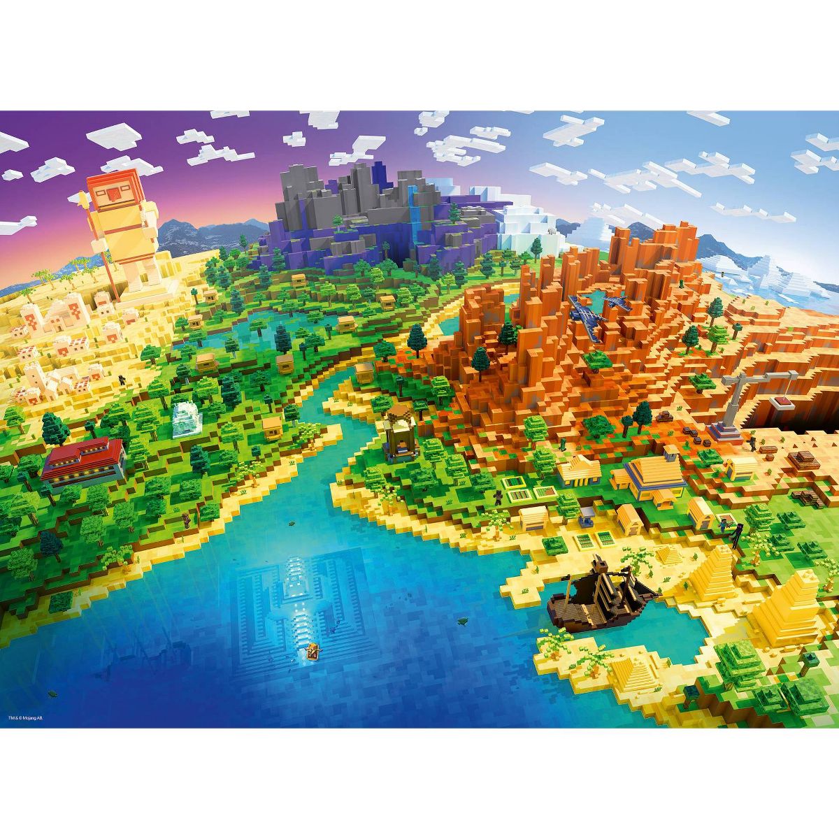 A colorful World of Minecraft 500 Piece Jigsaw puzzle showing a diverse blocky landscape with desert, mountains, forests, a river, an underwater temple, and a pirate ship