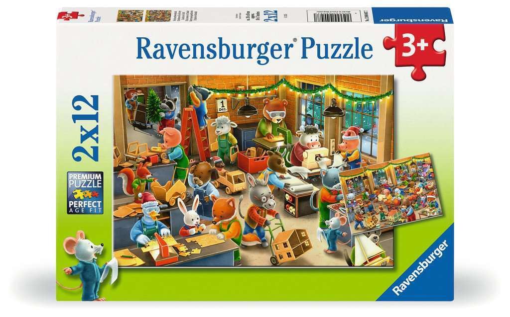 Ravensburger 2x12 piece puzzle box depicts cartoon animals busily constructing toys inside a brightly lit Christmas factory workshop