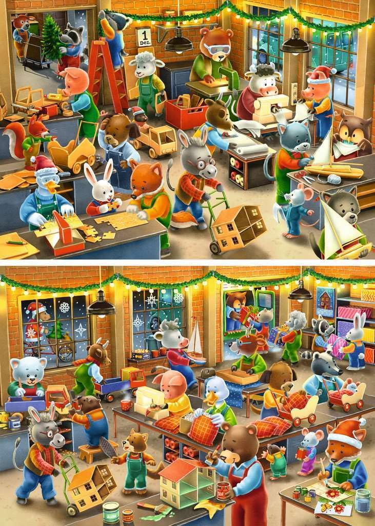 A delightful Ravensburger 2x12 jigsaw image showing many cheerful cartoon animals busy building and wrapping toys in a festive Christmas factory workshop