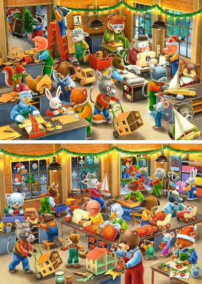 A delightful Ravensburger 2x12 jigsaw image showing many cheerful cartoon animals busy building and wrapping toys in a festive Christmas factory workshop
