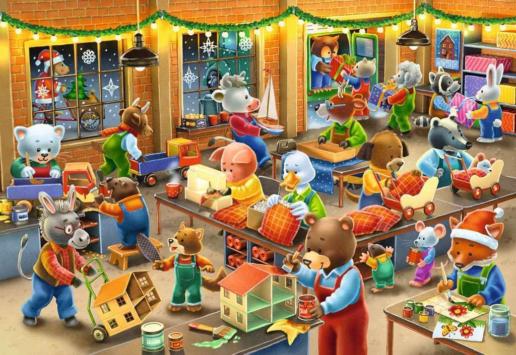 This colorful artwork features many busy animals including bears and foxes working hard to create wooden houses and stuffed toys in a brightly lit factory decorated with garland