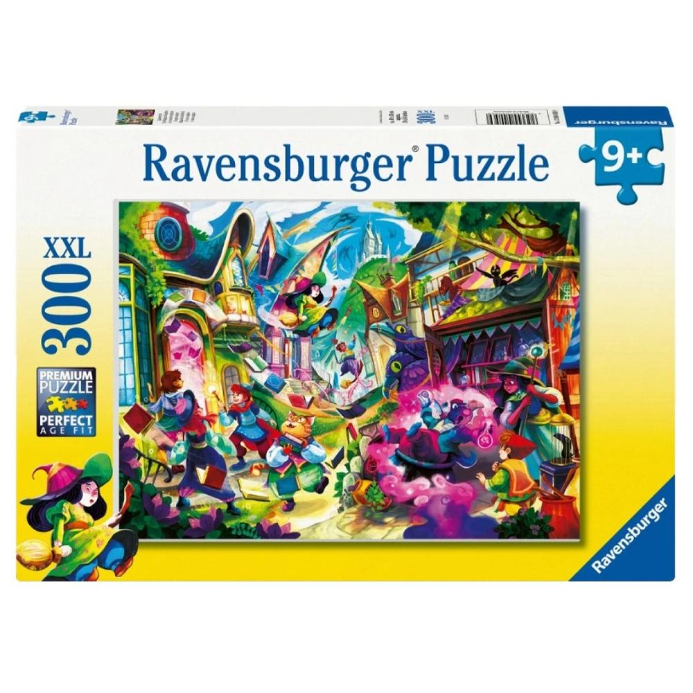 Ravensburger Magical World 300-piece XXL jigsaw puzzle box displaying a chaotic fantasy street scene and labeled 9+ Premium Puzzle