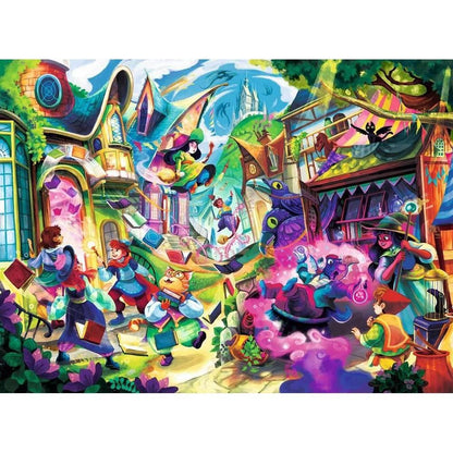 Detailed and colorful artwork for the Magical World puzzle depicts witches, children, and creatures performing magic in a bustling, vibrant fantasy village setting