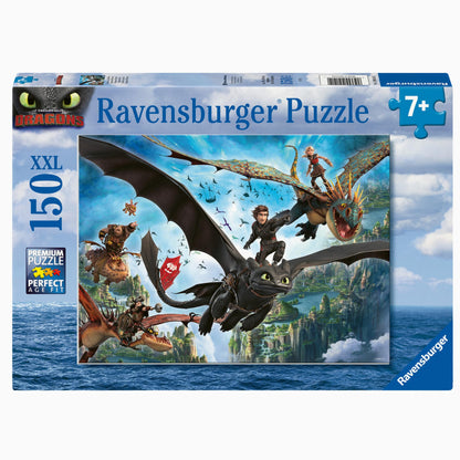 Ravensburger Dragons and Heroes 150-piece XXL puzzle box depicting the heroes flying on their dragons over ocean cliffs age seven plus