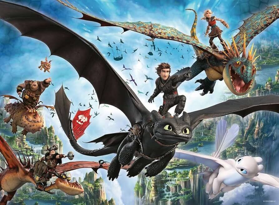 Epic illustration of Hiccup and Toothless flying with their friends Astrid and the Light Fury soaring over beautiful tiered islands under a blue sky
