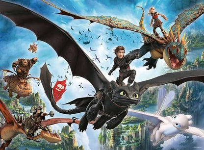Epic illustration of Hiccup and Toothless flying with their friends Astrid and the Light Fury soaring over beautiful tiered islands under a blue sky