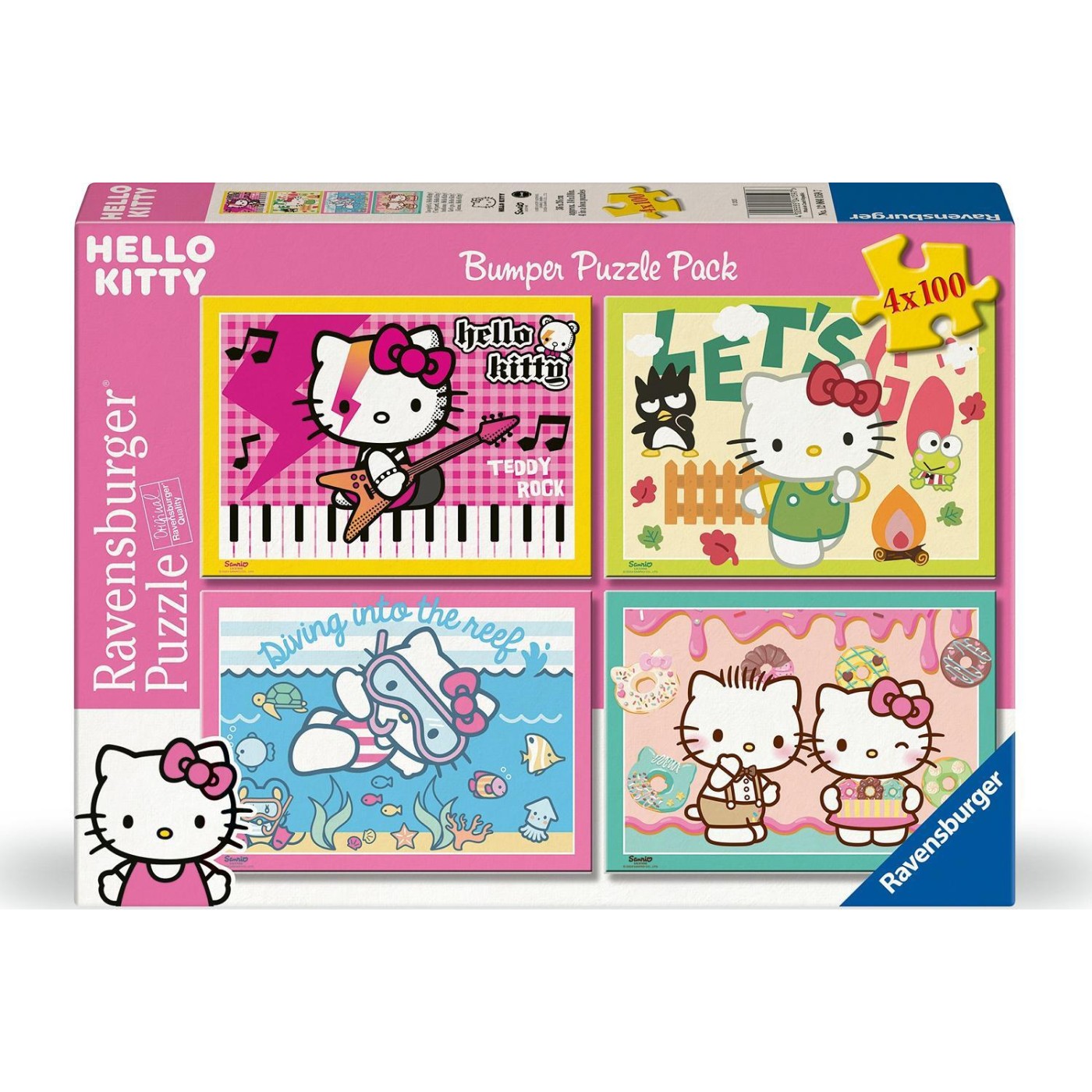 The Ravensburger Hello Kitty Bumper Puzzle Pack box showcases four 100-piece puzzles featuring diverse scenes like Hello Kitty playing rock guitar, camping, diving, and eating donuts