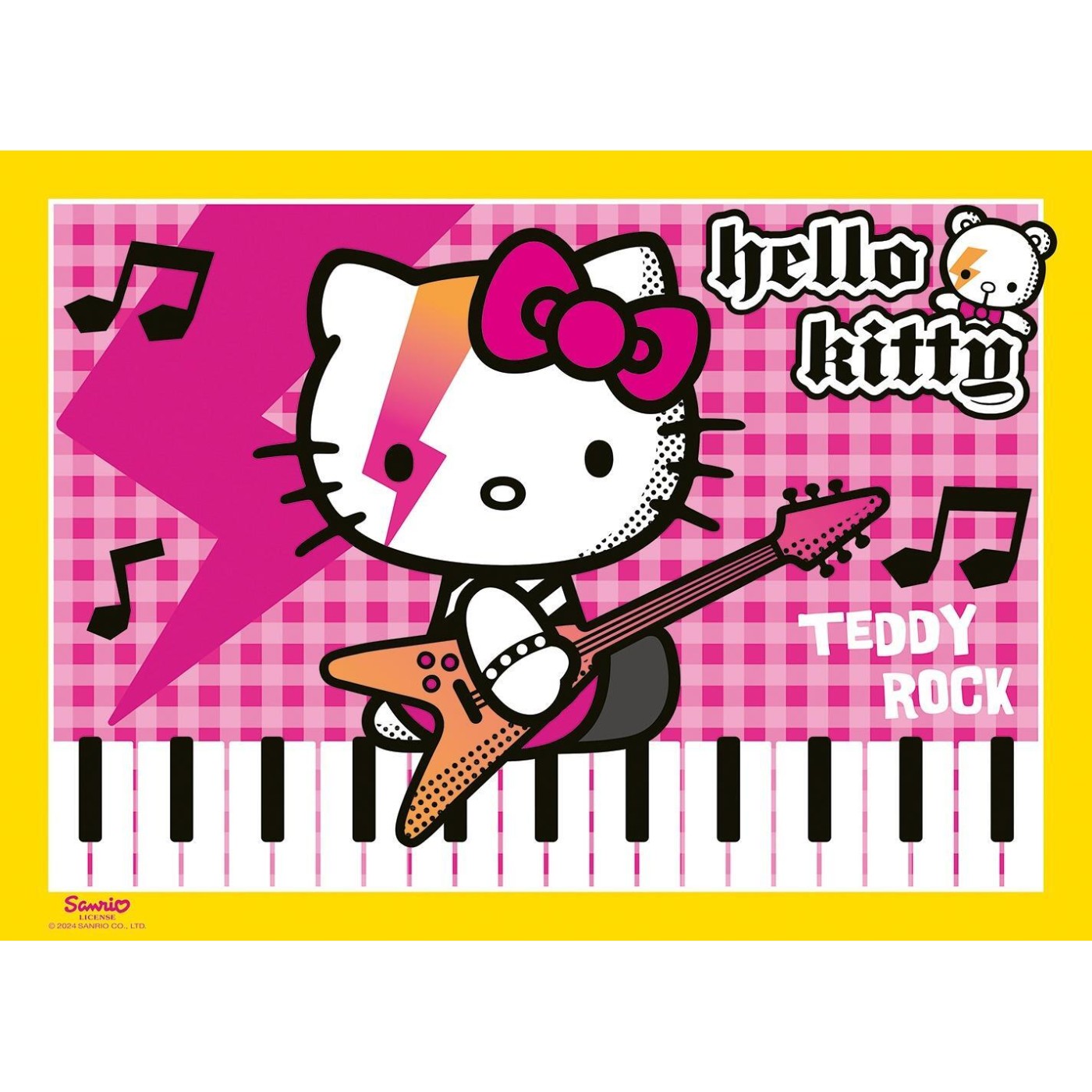 Hello Kitty rocking out with an electric guitar over a pink checkered background featuring a magenta lightning bolt and the phrase "Teddy Rock"
