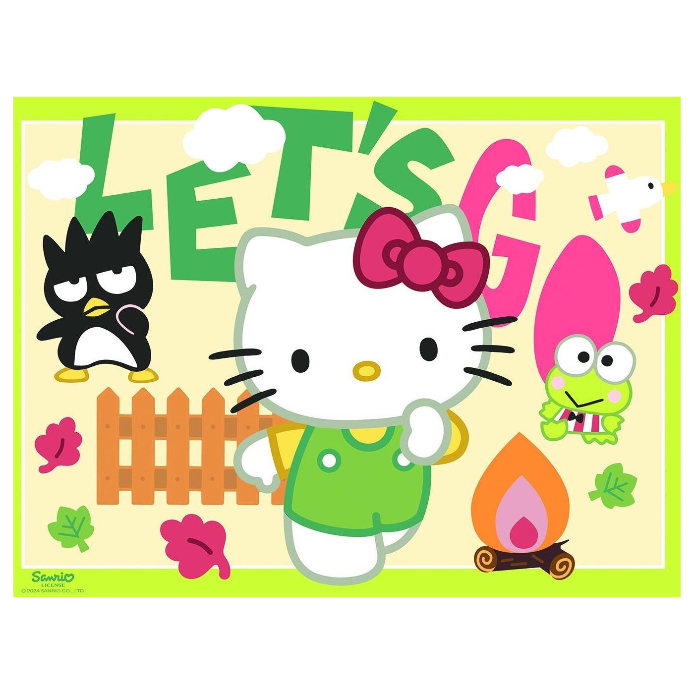 Bright puzzle art featuring Hello Kitty wearing green overalls outdoors with Badtz-Maru and Keroppi, standing near a campfire under the words LET'S GO