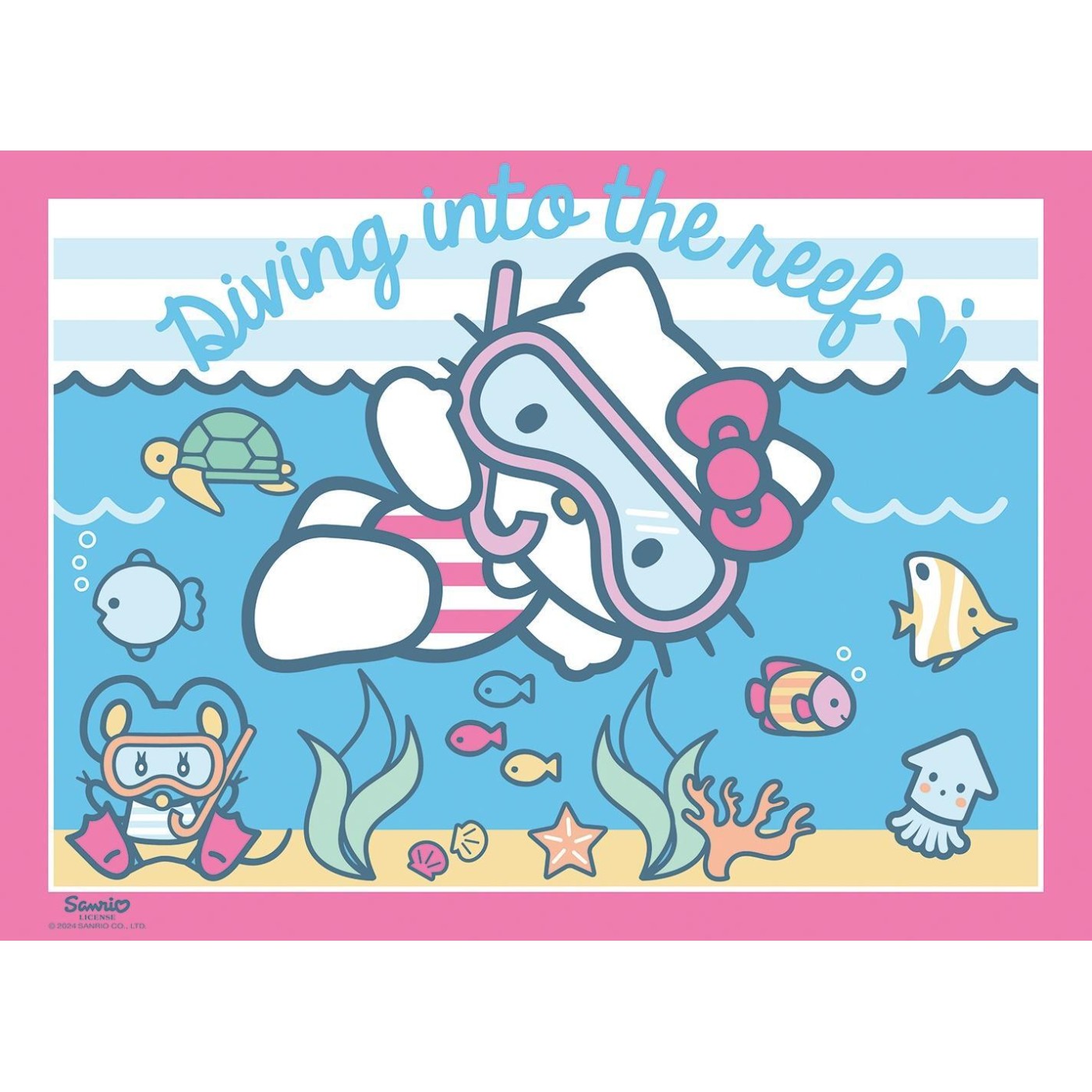 A colorful illustration showing Hello Kitty and a friend snorkeling surrounded by sea creatures and plants under the text "Diving into the reef"
