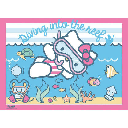 A colorful illustration showing Hello Kitty and a friend snorkeling surrounded by sea creatures and plants under the text "Diving into the reef"