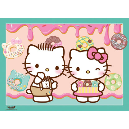 Hello Kitty and a companion standing among colorful donuts and sweets against a pink dripping background, likely one of the four puzzle scenes
