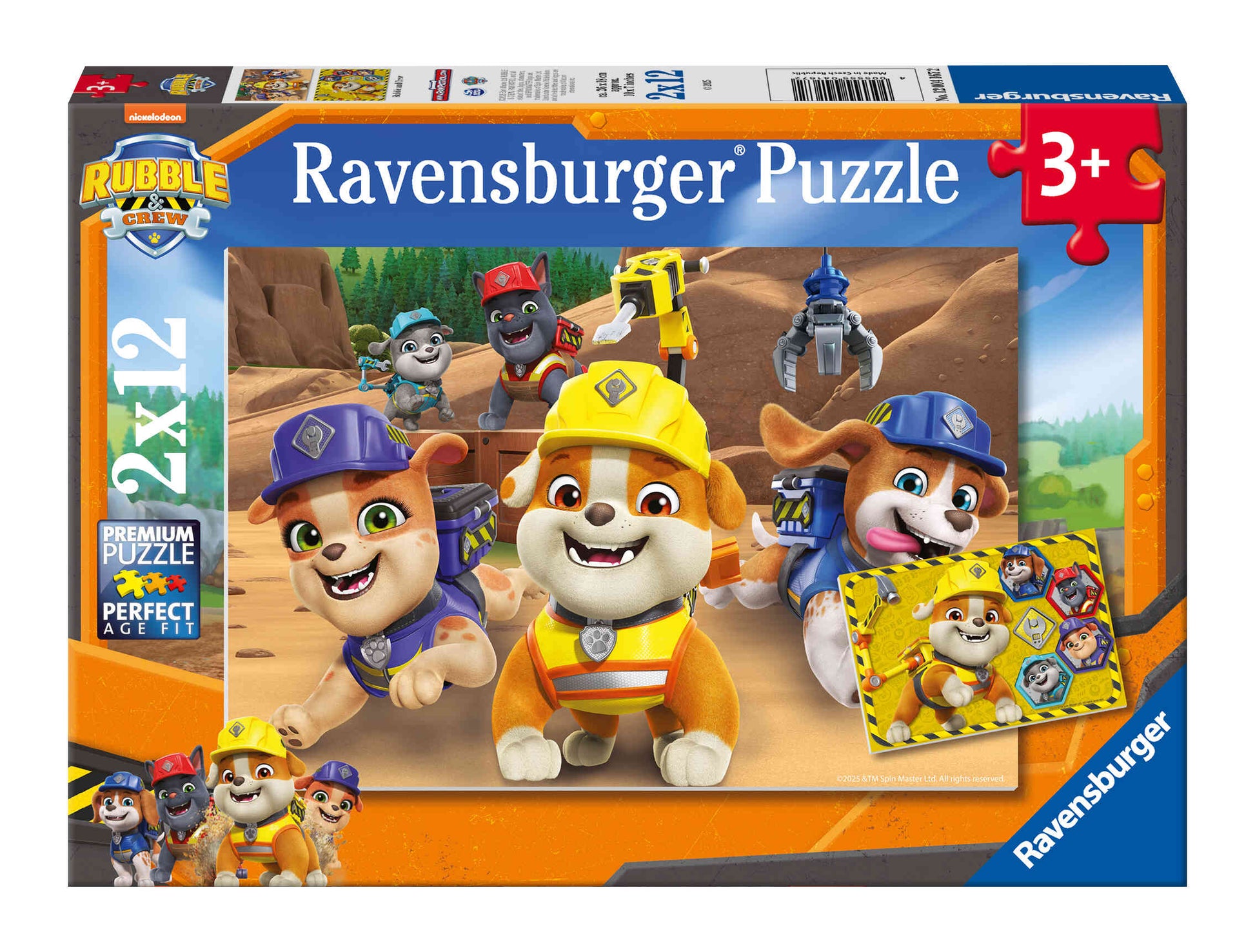 The box for the Ravensburger Rubble and Crew 2x12 puzzle displays several smiling cartoon puppies wearing hard hats and safety vests