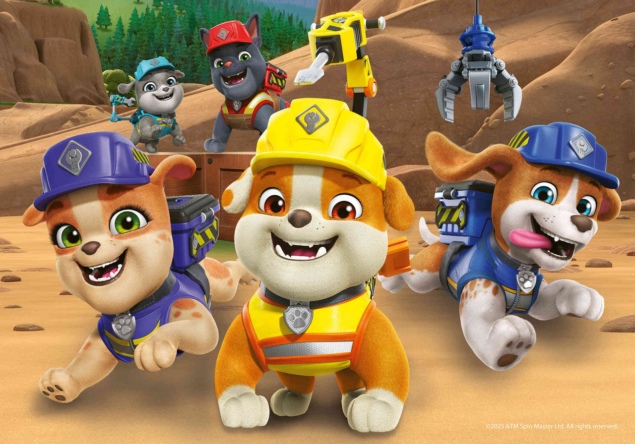 The Rubble and Crew team graphic features Rubble in a yellow hardhat, flanked by his adorable puppy crew members wearing blue gear at a dusty construction site