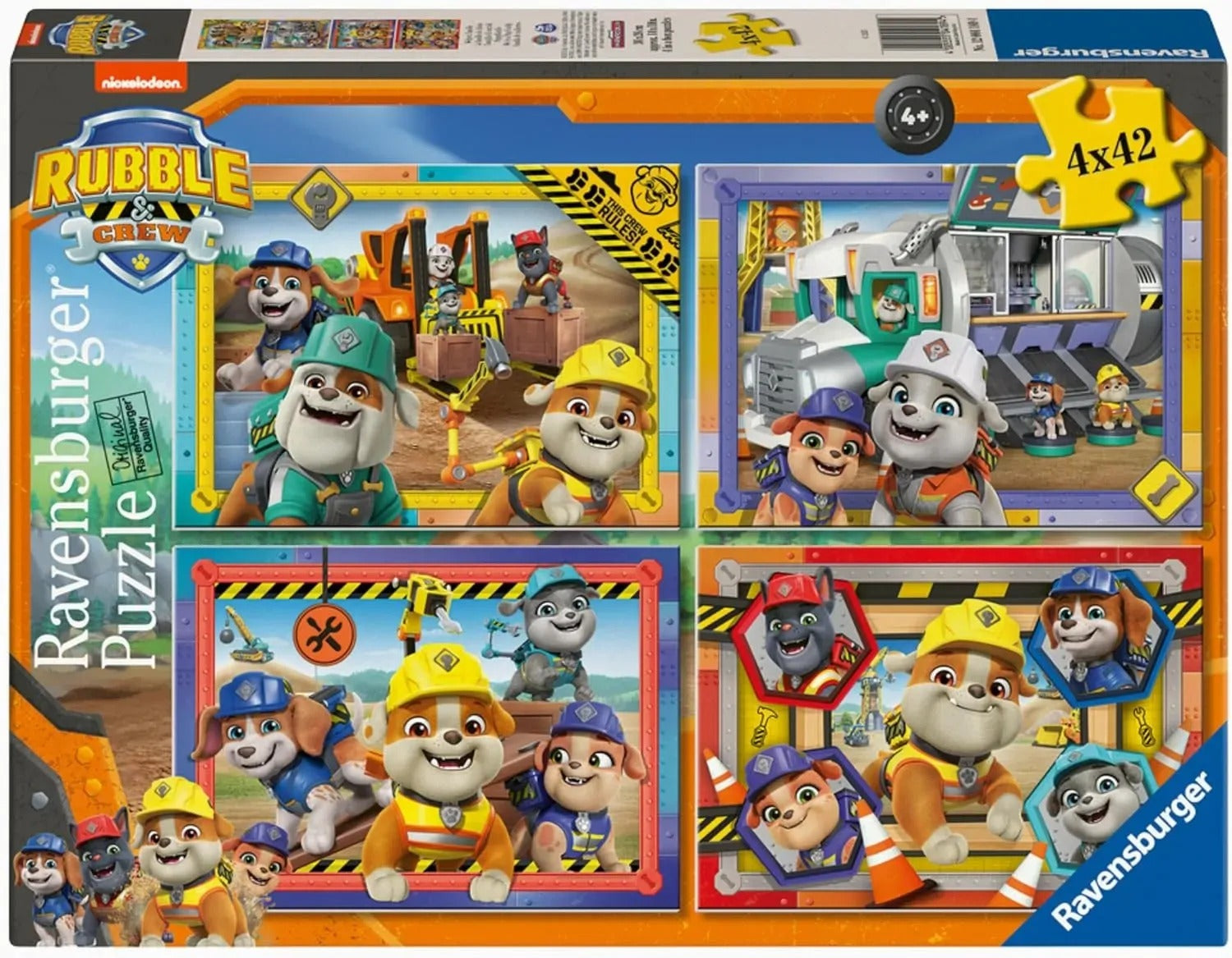 Ravensburger Rubble and Crew puzzle bumper pack box showing four distinct 42-piece images of the popular construction dogs