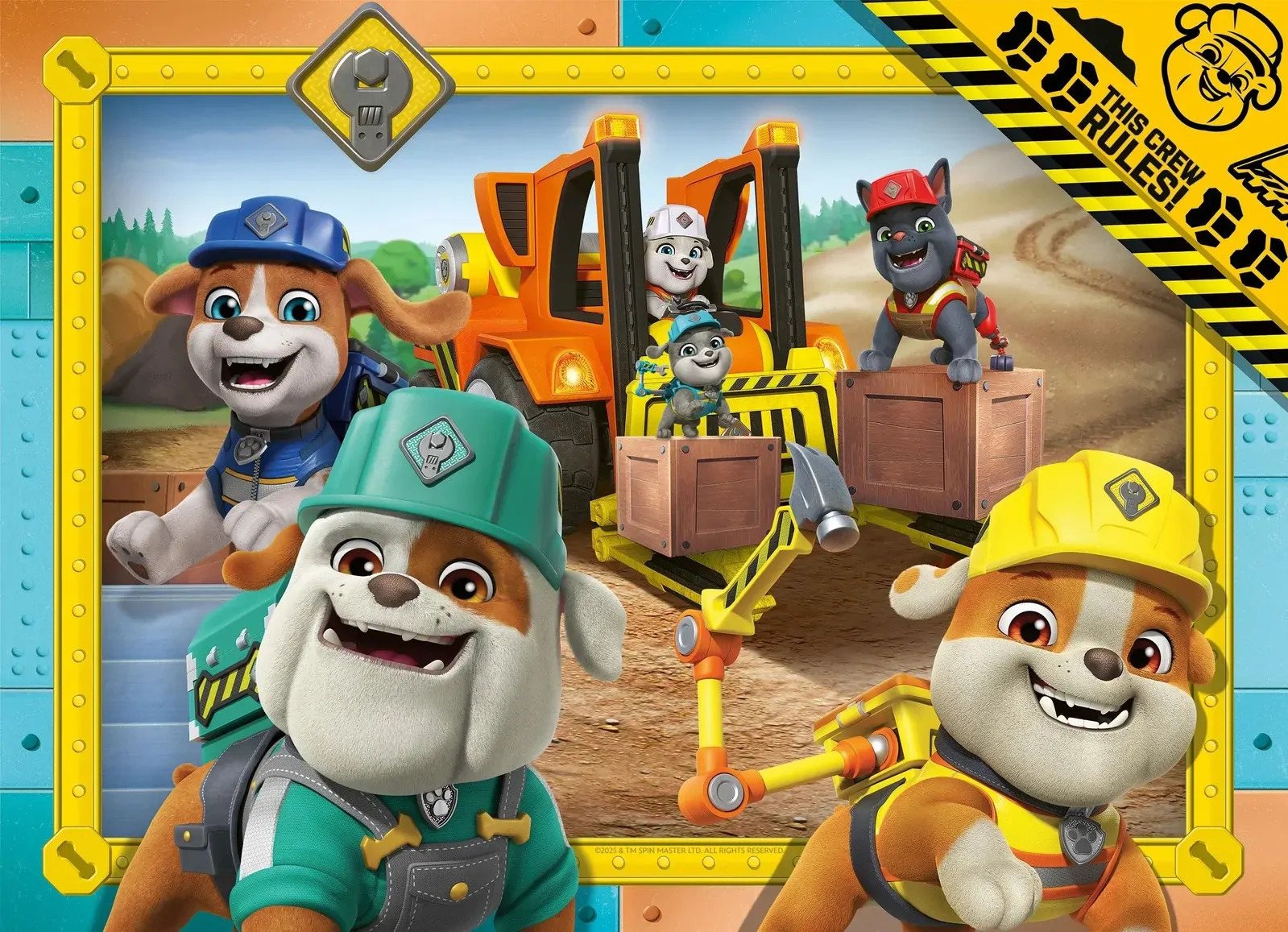 Colorful artwork featuring six smiling construction dogs from Rubble & Crew standing near an orange construction vehicle and wooden crates