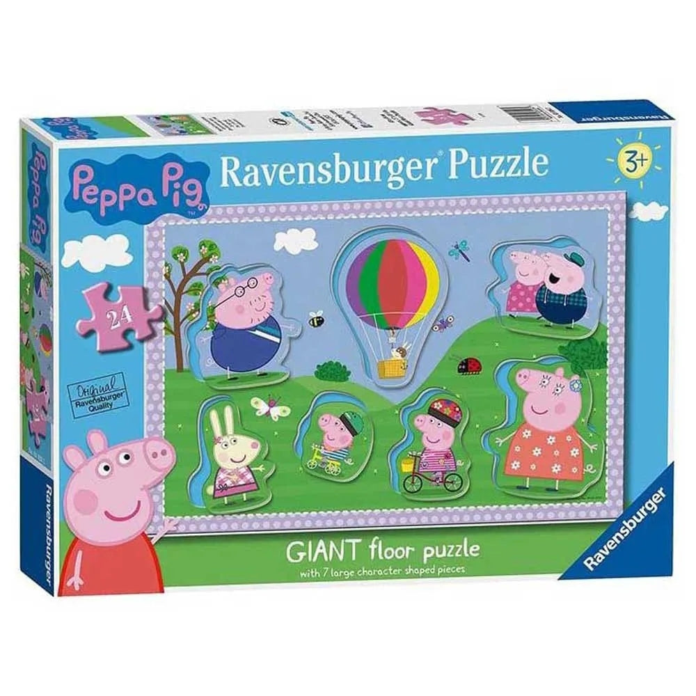 Ravensburger Peppa Pig 24 piece GIANT floor puzzle box displays the family characters and seven large shaped pieces surrounding a hot air balloon