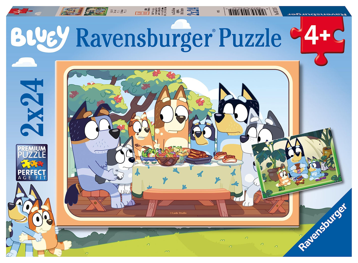 Ravensburger Bluey 2x24 piece puzzle packaging for ages 4 and up, depicting the Heeler family enjoying a large outdoor barbecue or picnic