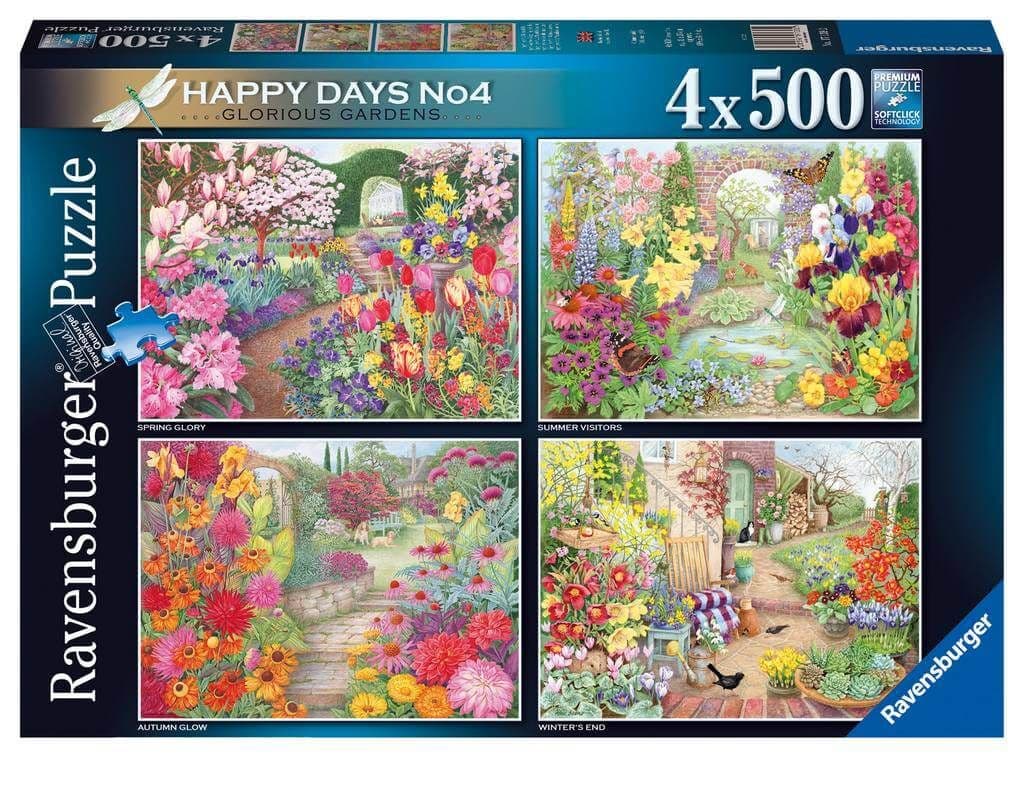 The box for Happy Days No4 Glorious Gardens jigsaw puzzle features four vibrant garden scenes, each representing a different season