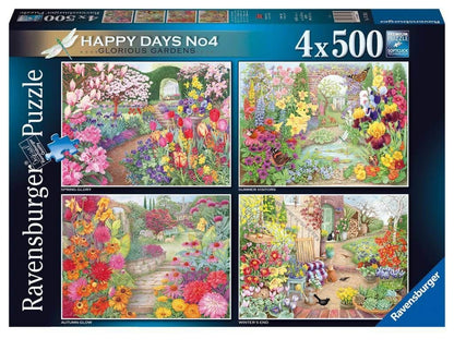 The box for Happy Days No4 Glorious Gardens jigsaw puzzle features four vibrant garden scenes, each representing a different season