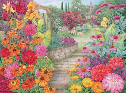 A beautiful watercolor painting titled Glorious Gardens showing a vibrant garden path surrounded by colorful flowers, two dogs, and a house in the distance