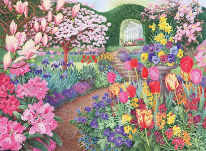 An illustration of a beautiful Glorious Garden bursting with colorful flowers, trees, a path, steps, and a small greenhouse