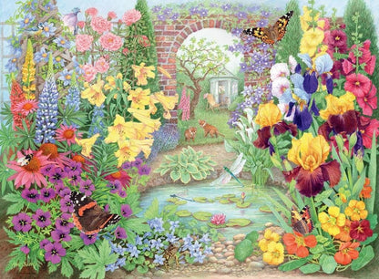 A vibrant jigsaw puzzle scene of glorious gardens bursting with colorful flowers, butterflies, a pond with dragonflies, and a brick archway leading to a gazebo and foxes