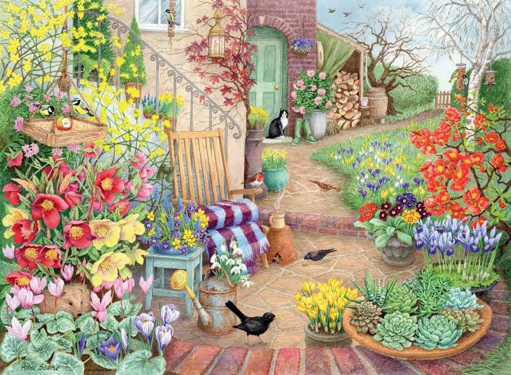 A vibrant Glorious Gardens jigsaw depicting a blooming cottage garden with diverse flowers, birds, a cat, and a hedgehog on a brick patio
