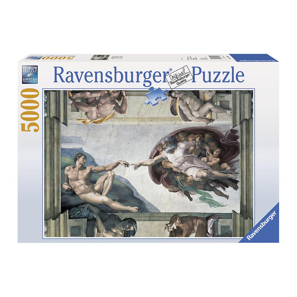Ravensburger 5000 piece jigsaw puzzle box displaying Michelangelo's Creation of Adam artwork on the front