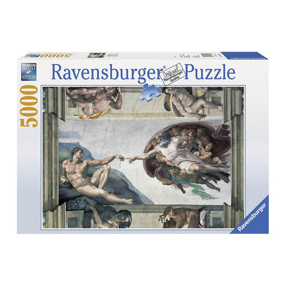 Ravensburger 5000 piece jigsaw puzzle box displaying Michelangelo's Creation of Adam artwork on the front