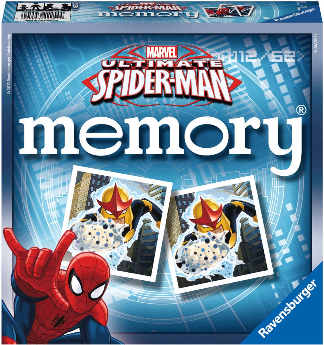 The blue box for the Ravensburger Ultimate Spider-Man Memory game displays Spider-Man pointing at matching game cards of the Marvel hero Nova