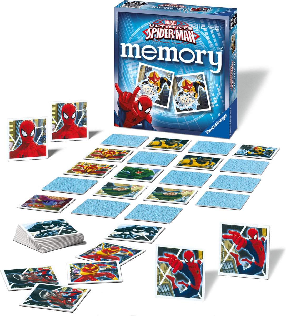 The tall blue box for the Ultimate Spider-Man Memory Game is displayed behind a large arrangement of square playing cards featuring various Marvel characters