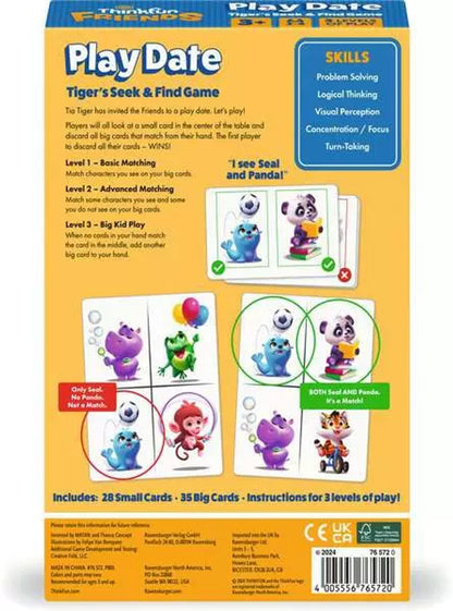 Thinkfun Play Date Tiger's Seek Find Game box back showing game instructions for 3 levels with character cards like Seal Panda Hippo Frog Monkey Tiger
