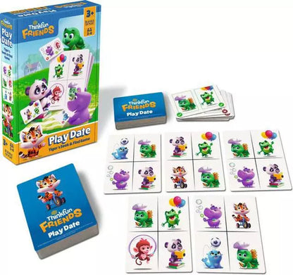 Thinkfun Friends Play Date memory matching game box with game cards featuring playful animal characters like frogs pandas and hippos