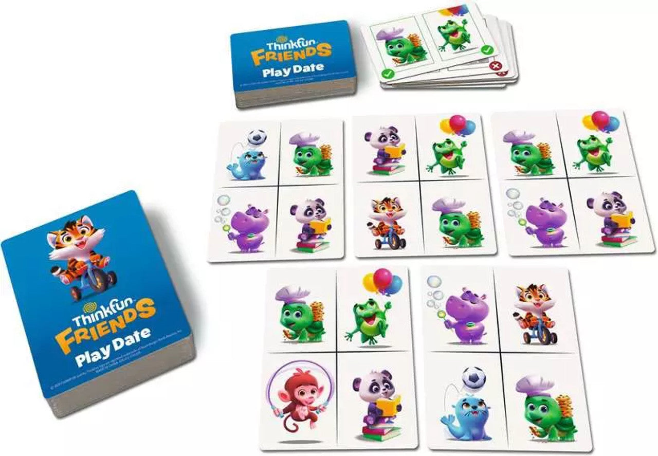 Thinkfun Friends Play Date card game set with a blue box featuring a tiger on a scooter and assorted character cards with different activities