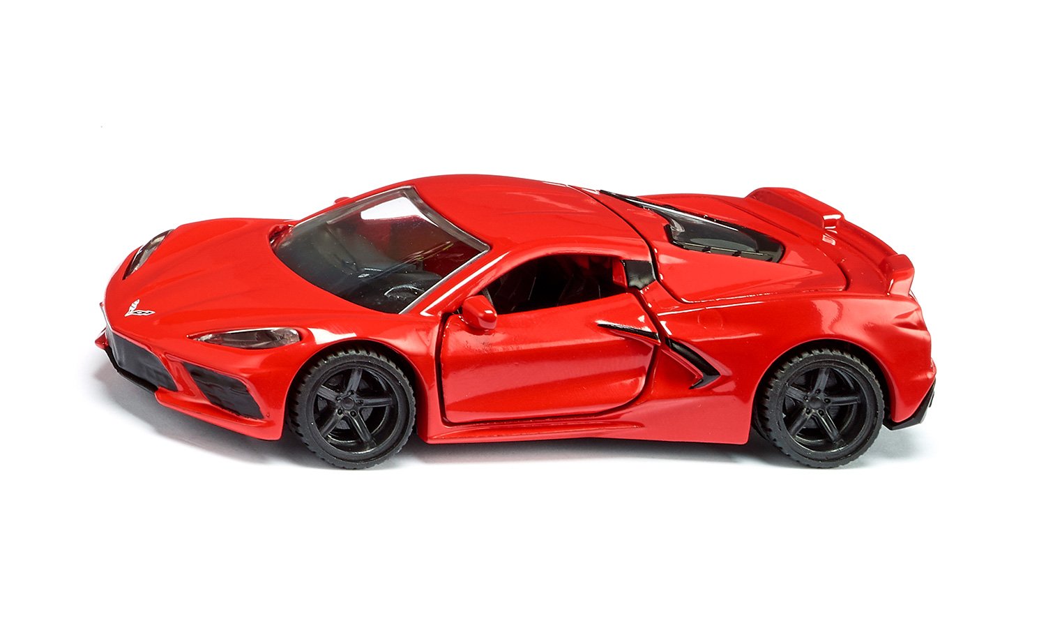 A red Chevrolet Corvette C8 Stingray model car with black wheels against a white background
