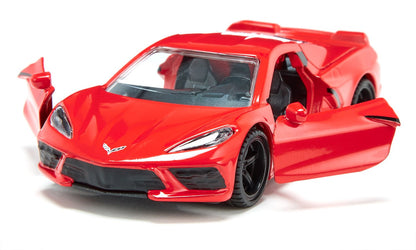 A red toy Chevrolet Corvette C8 Stingray car with both doors open, displayed on a white background
