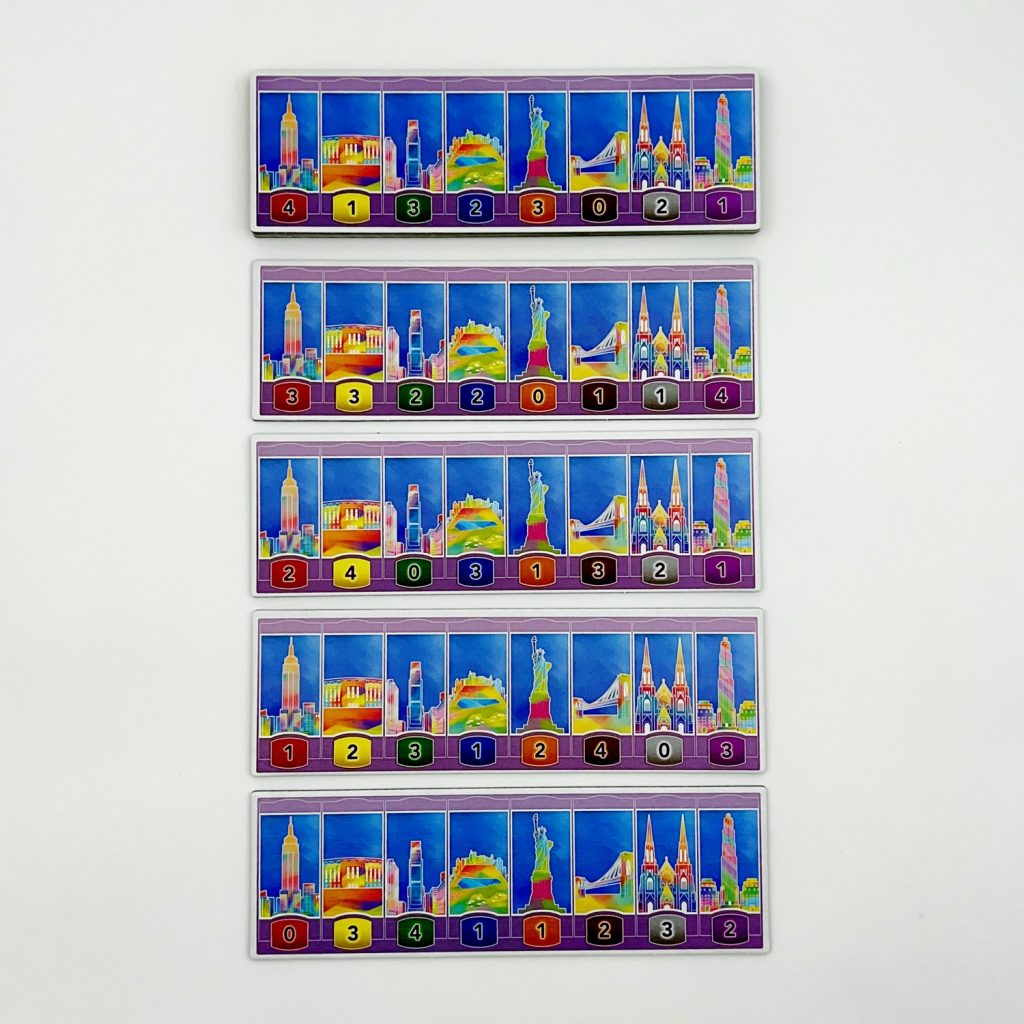 Player boards and tokens arranged neatly on a table