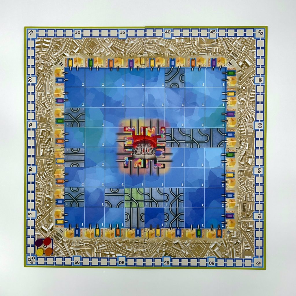 Detailed view of wooden and plastic game pieces including trains and markers