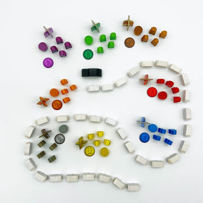 Multiple player setups highlighting different colored trains and metro lines