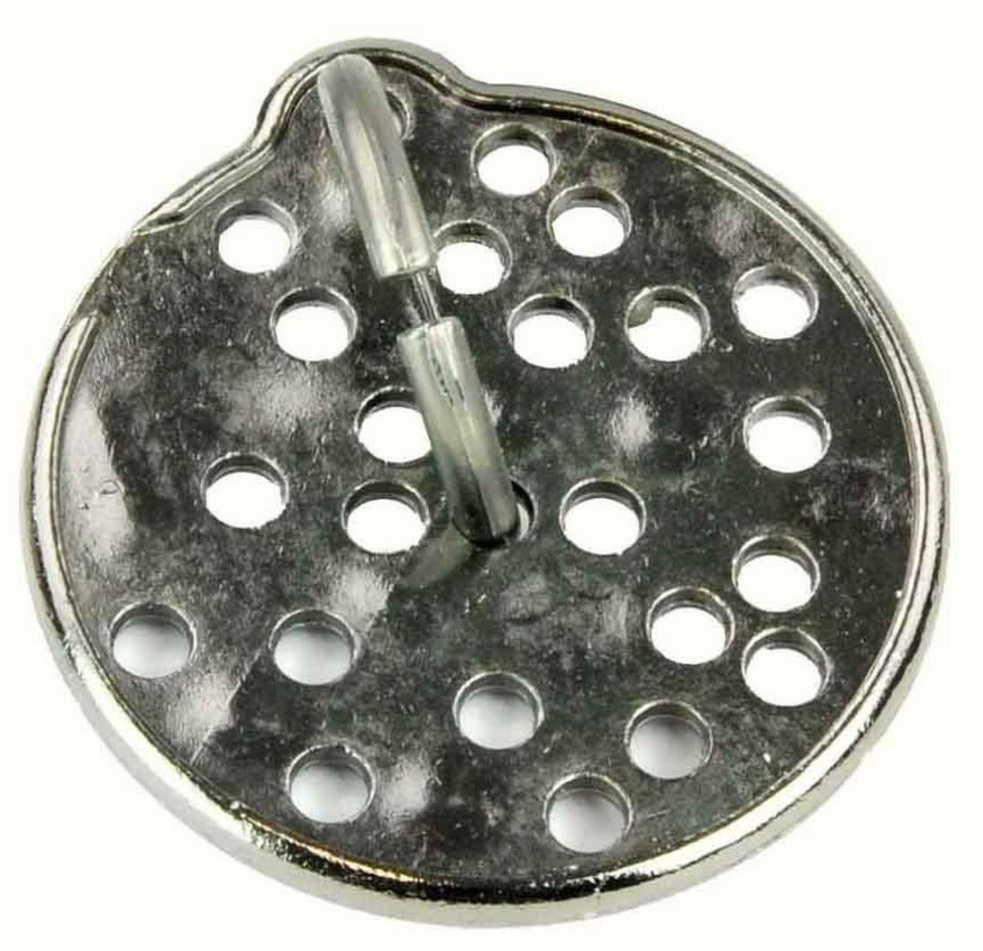 Chrome-plated circular drain strainer with perforations and a pivoting metal handle