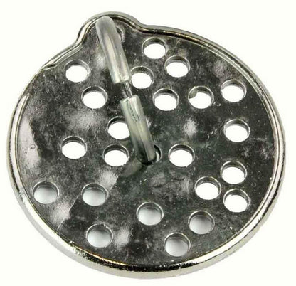 Chrome-plated circular drain strainer with perforations and a pivoting metal handle