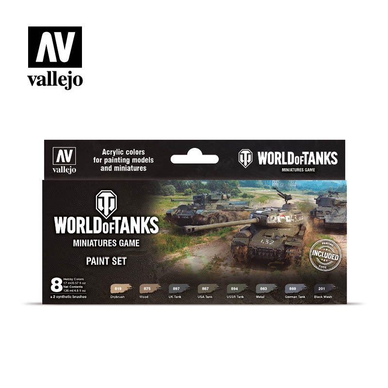Vallejo World of Tanks Paint Set box, featuring a battlefield scene with realistic military tanks.