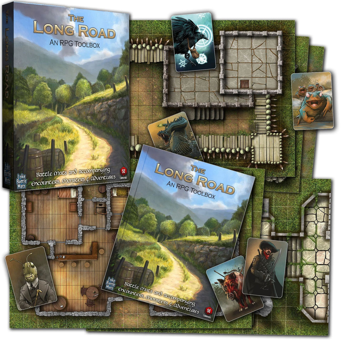 RPG Toolbox with game box rulebook various battle mats and character cards