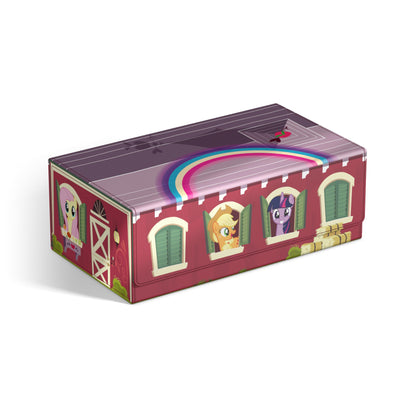 A red My Little Pony Barn Collectors Case featuring Fluttershy, Applejack, and Twilight Sparkle in windows, a rainbow on the roof, and hay bales