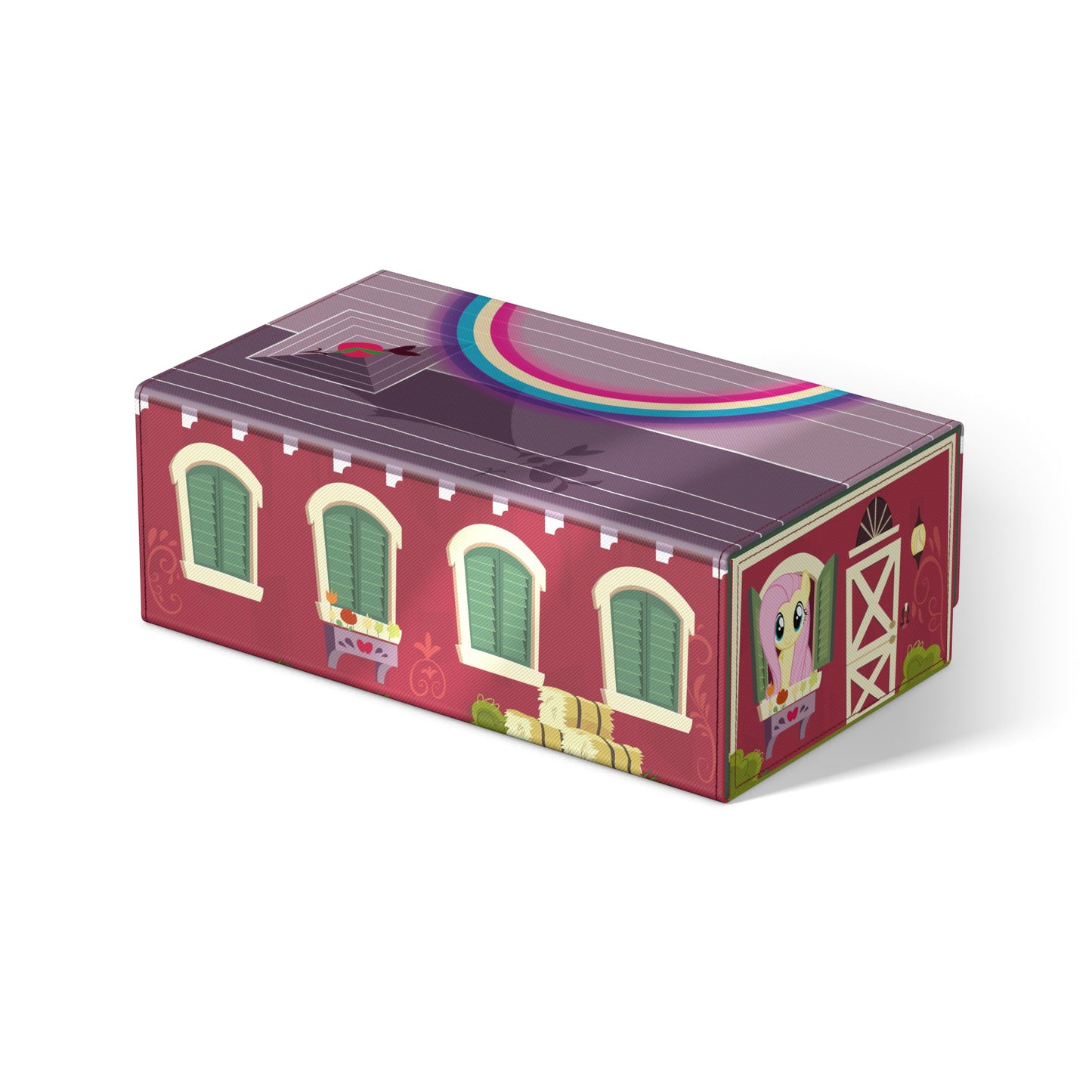 Ultimate Guard Squaroes Collectors Case My Little Pony Barn, a red box shaped like a barn with windows, hay, Fluttershy, and a rainbow roof
