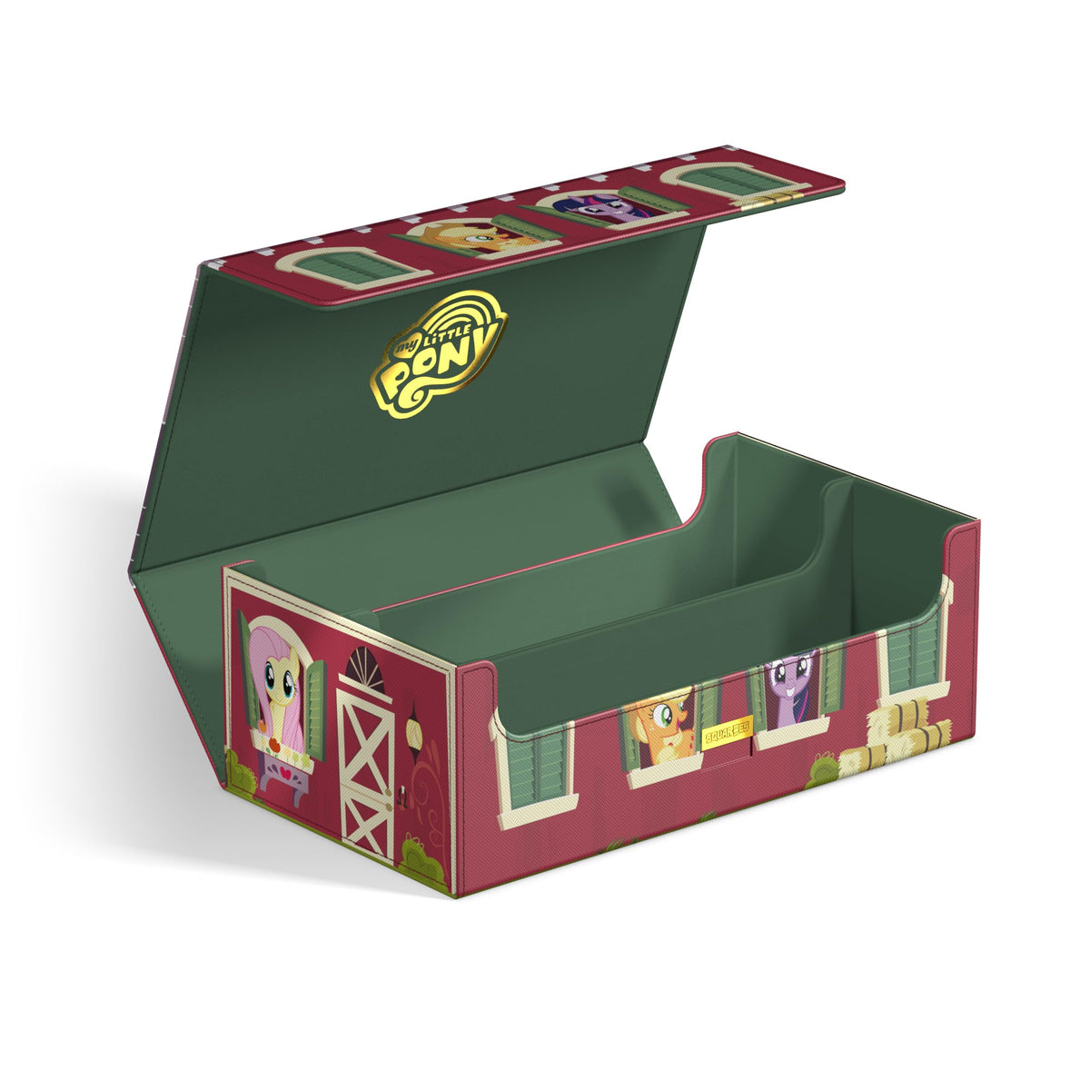 Open My Little Pony barn collector&#39;s case, red with character windows and hay bales, showing dark green interior