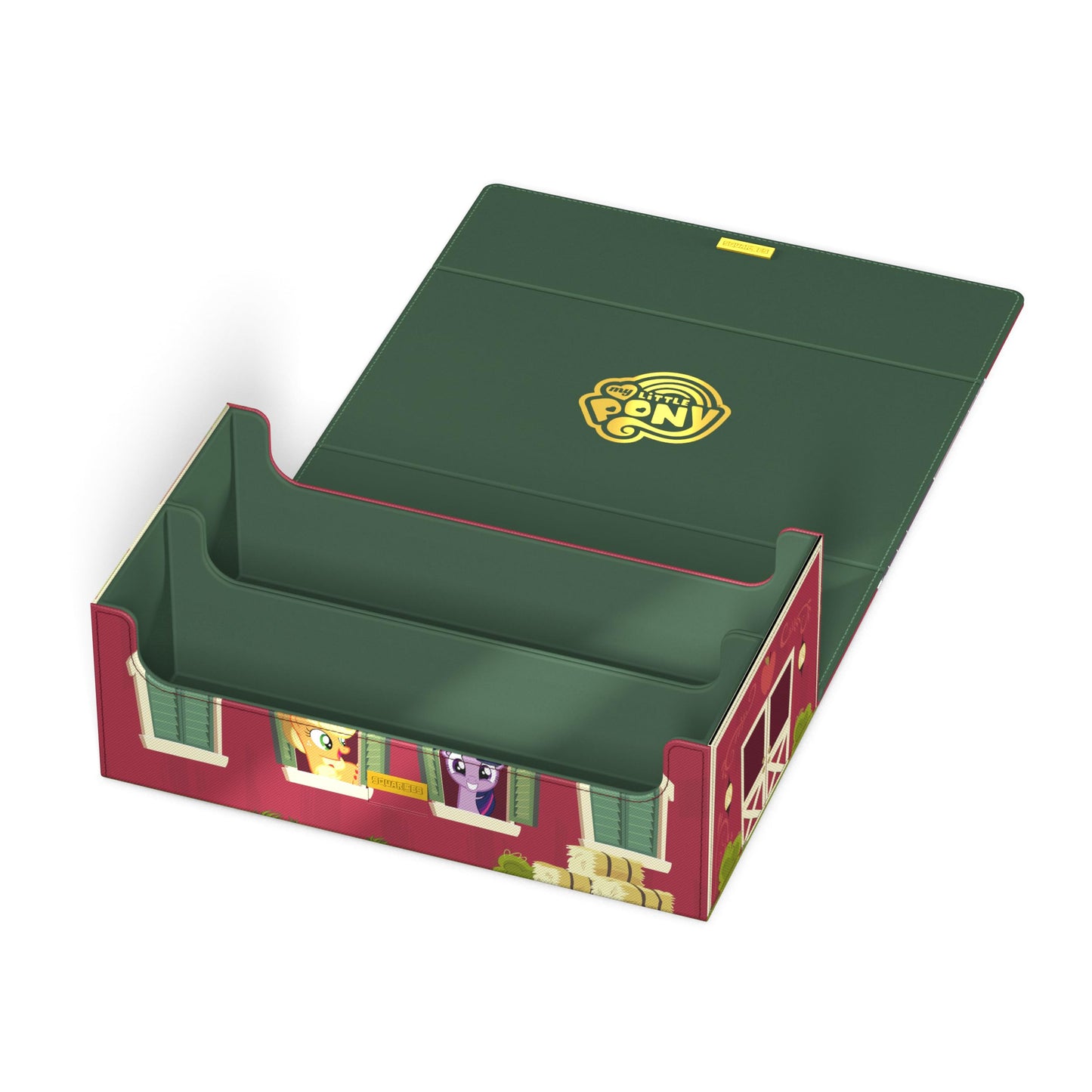 A red My Little Pony barn-shaped Collectors Case with an open green lid, showing pony characters in windows and hay bales outside