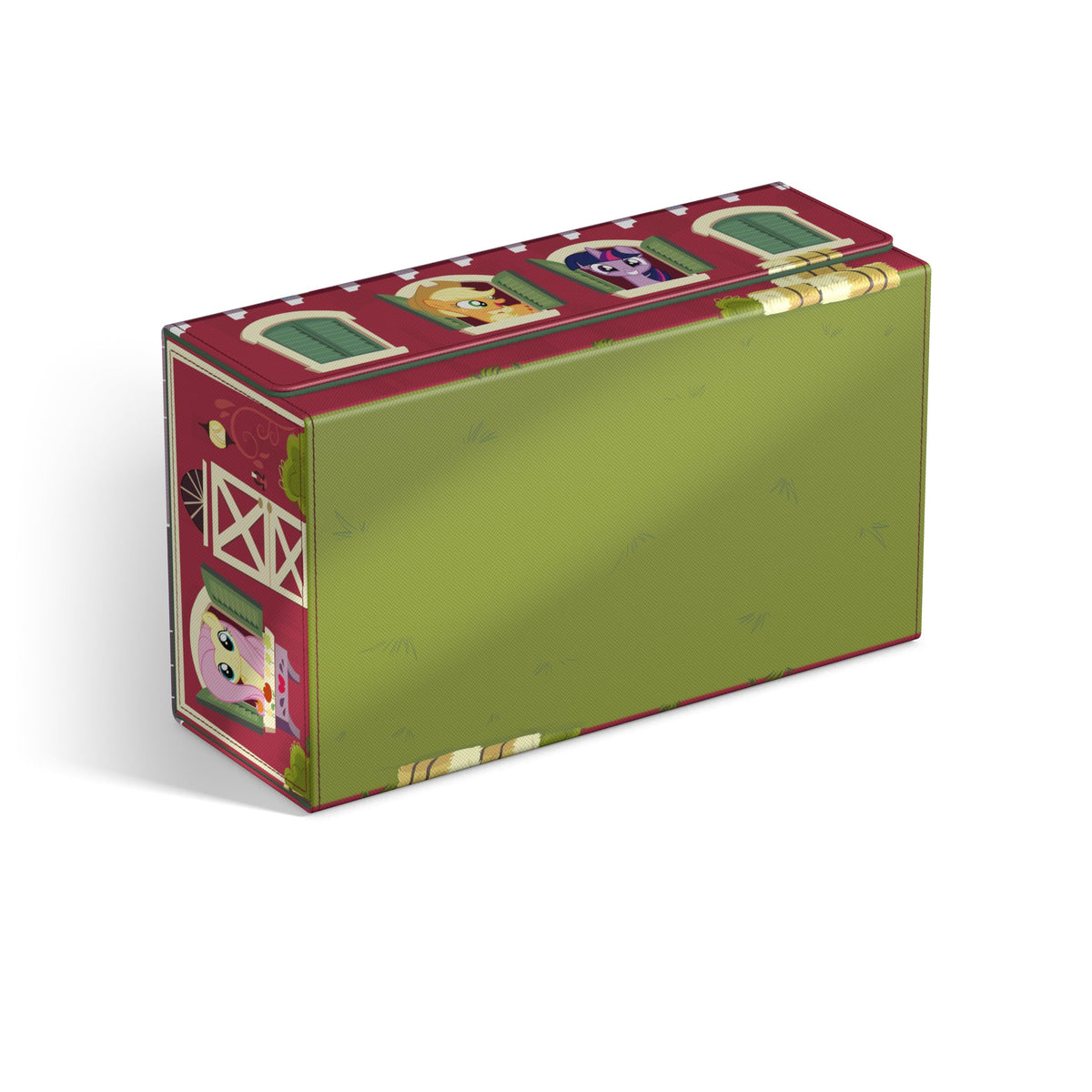 Ultimate Guard Squaroes My Little Pony Barn collector&#39;s case, a red and green rectangular storage unit designed like a barn, featuring Applejack, Twilight Sparkle, and Fluttershy peeking from windows