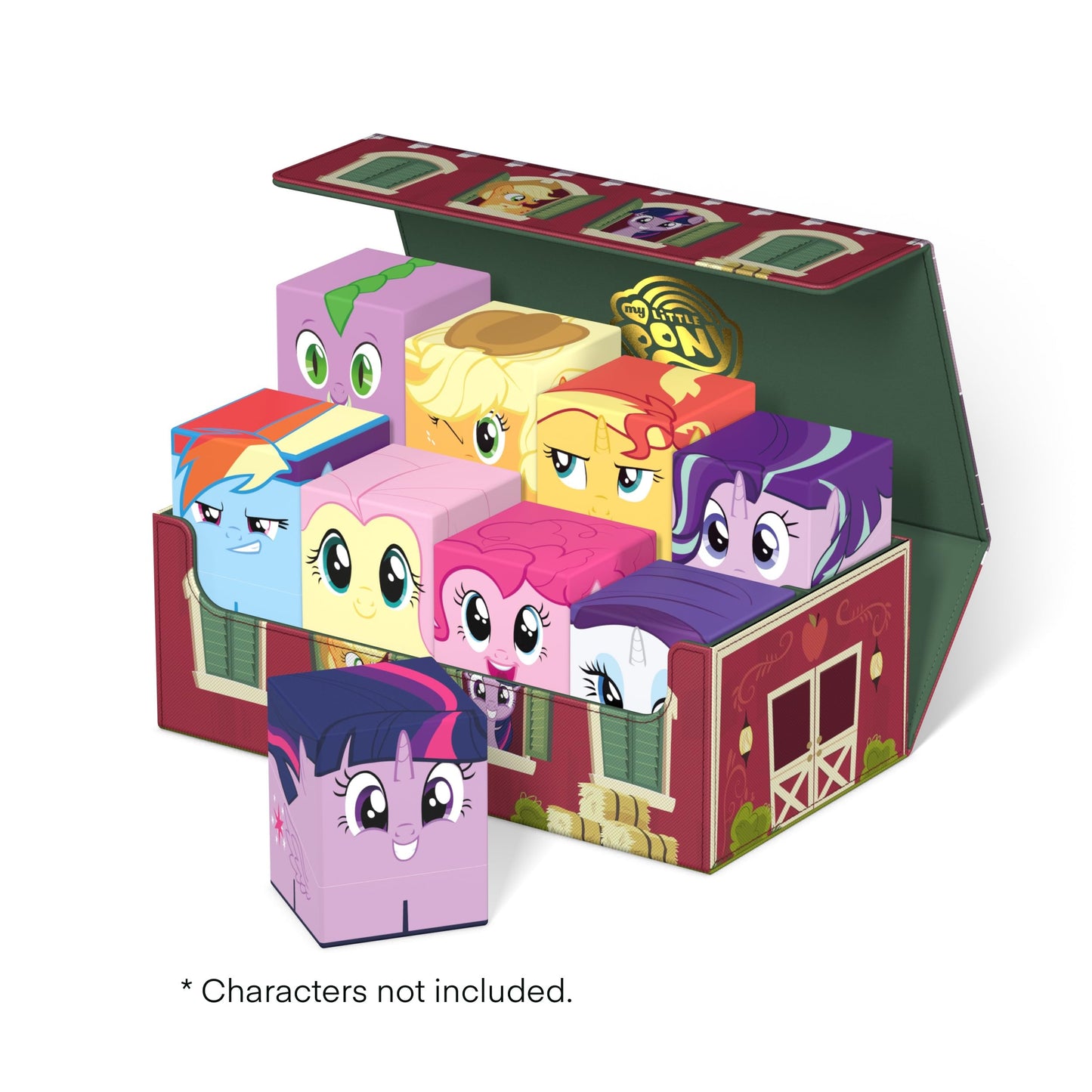 An open My Little Pony Barn collector's case, red with green interior, filled with colorful pony character cubes and one cube in front